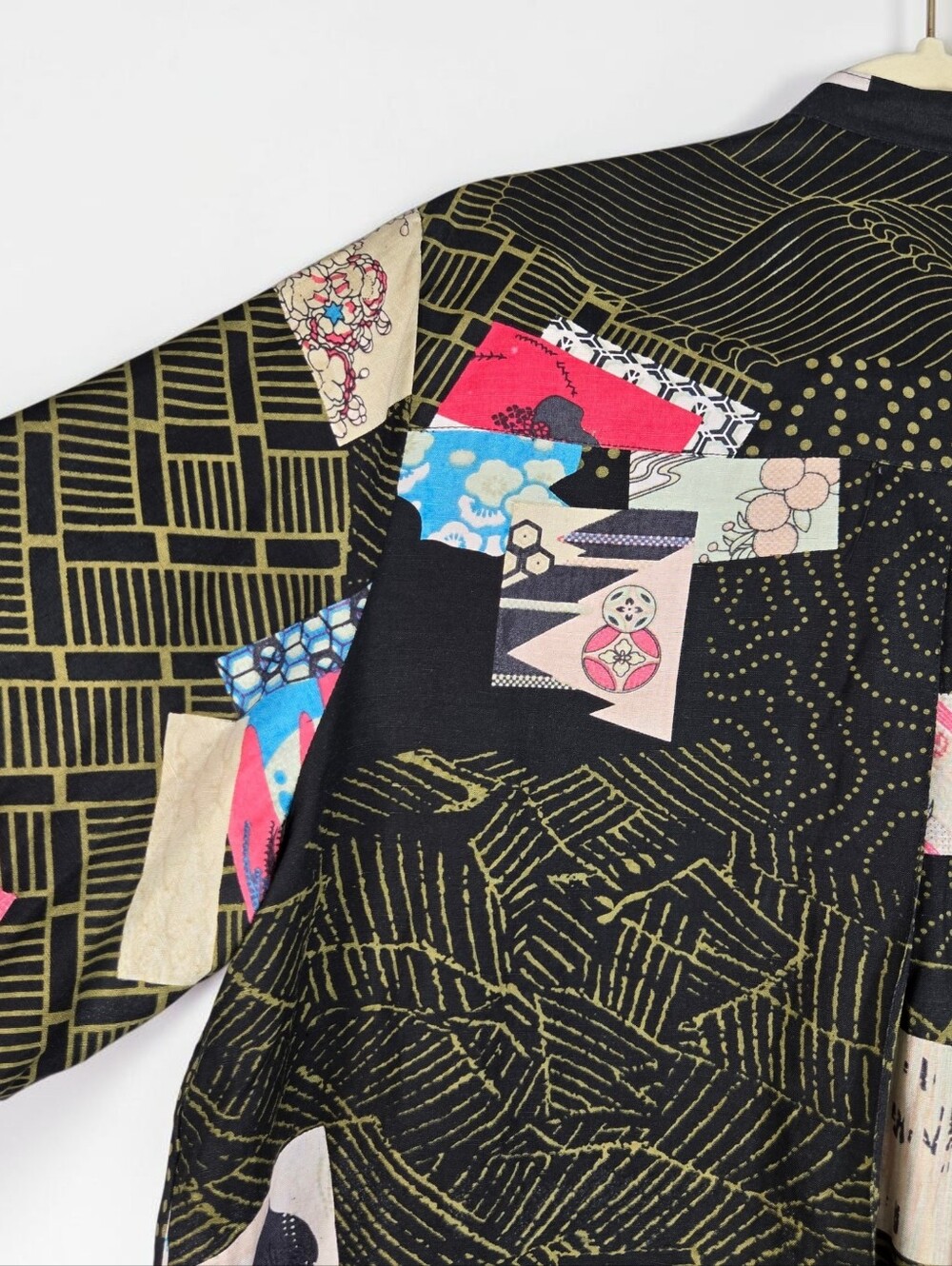 Citron Black Asian Print Silk Linen Blazer Open Front Banded Collar Womens 1X - Picture 14 of 15